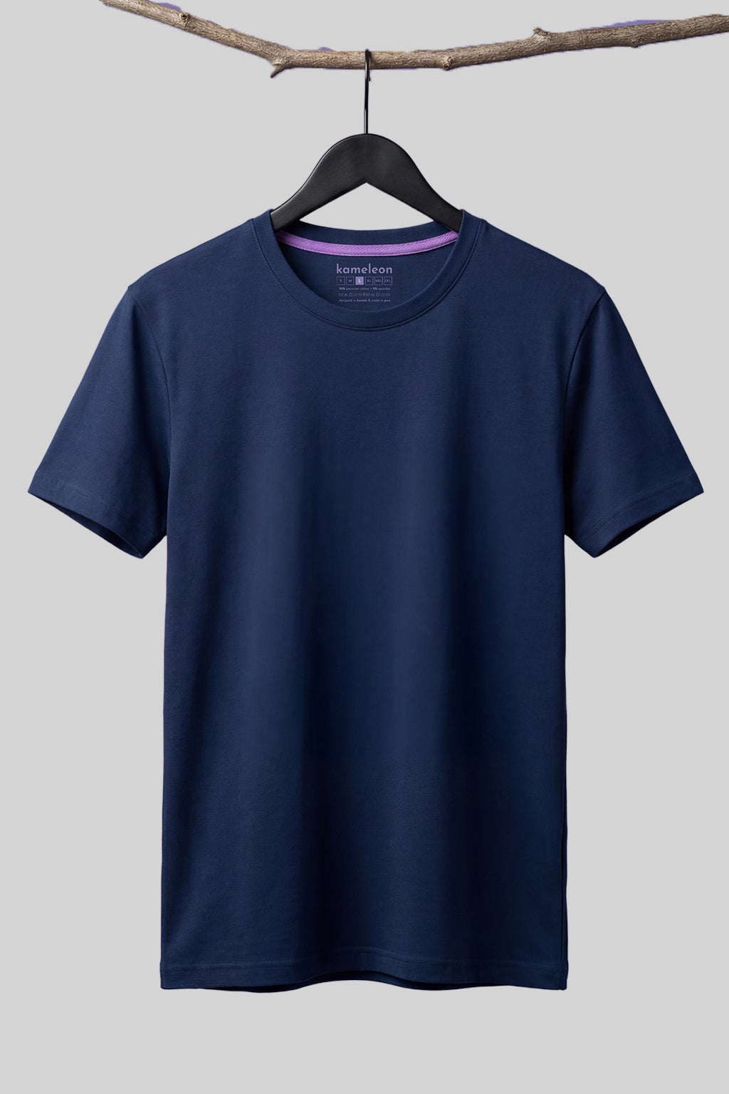 Navy blue t-shirt on a hanger against a light gray background